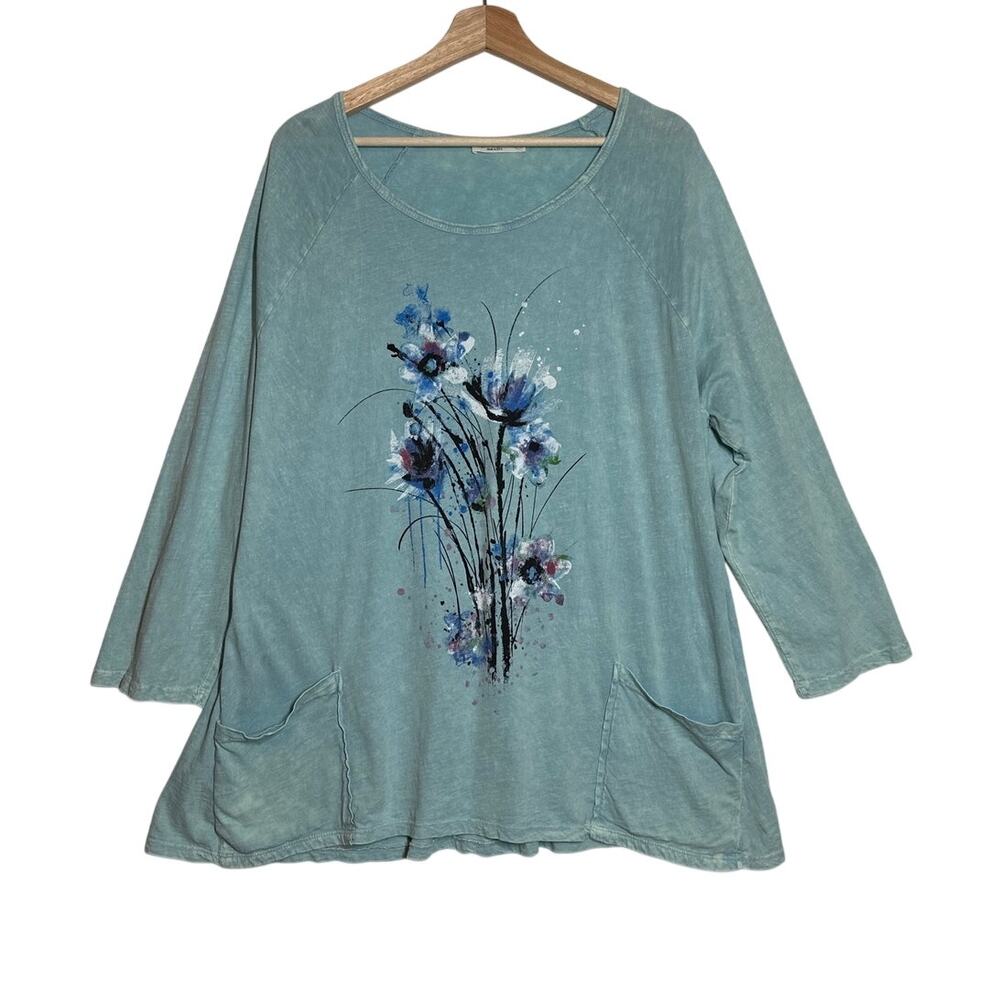 Jess & Jane Painter's Bouquet Mineral Wash Pocket Tunic Top Sz XL Floral Graphic